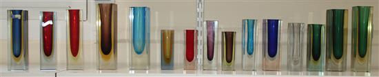 Fifteen Murano Sommerso glass square section vases, 1950s-70s, 12cm - 20cm